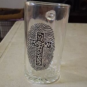 Clear Glass Mug with Black Cross With God's Print.
